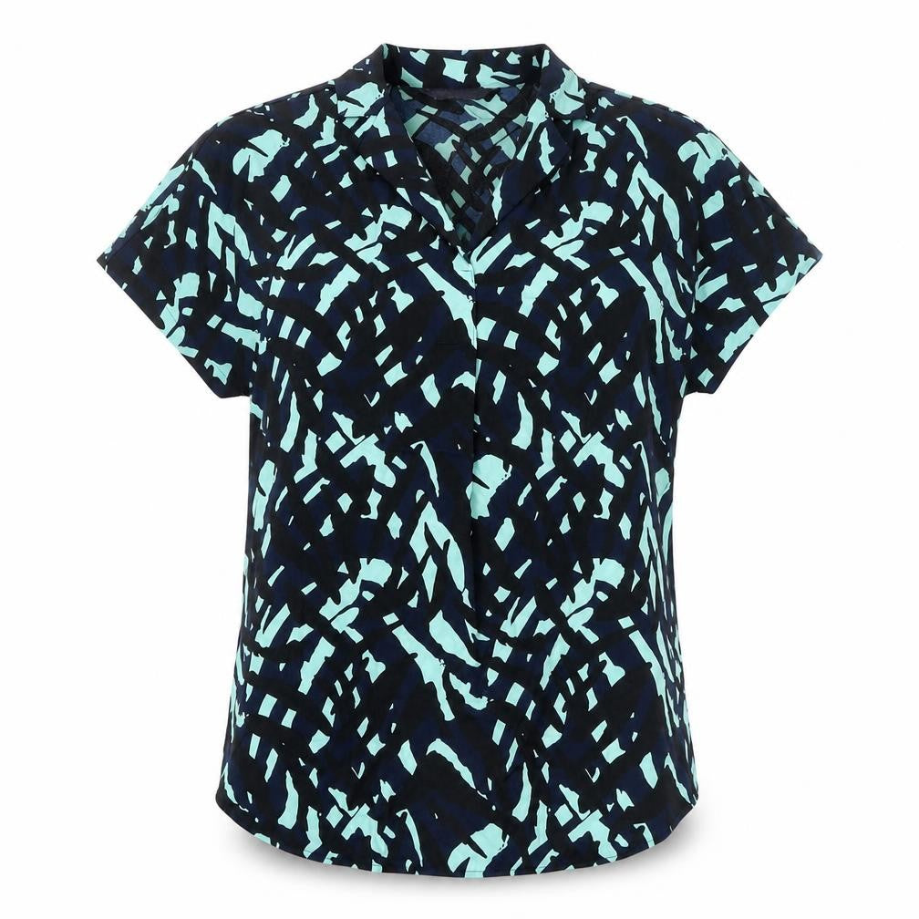 Front view of Marks & Spencer women’s blue geometric polyester basic blouse, size UK 8, collared