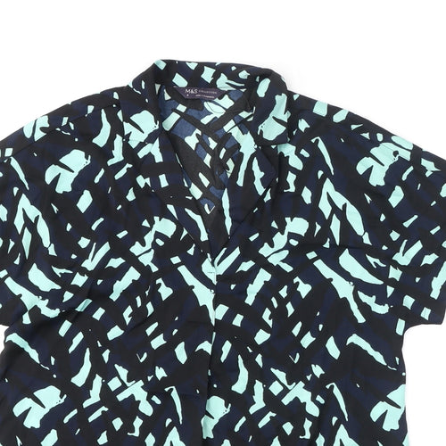 Marks and Spencer Womens Blue Geometric Polyester Basic Blouse Size 8 Collared