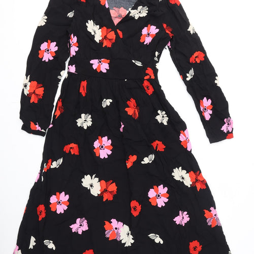 Marks and Spencer Womens Black Floral Viscose A-Line Size 6 V-Neck Zip