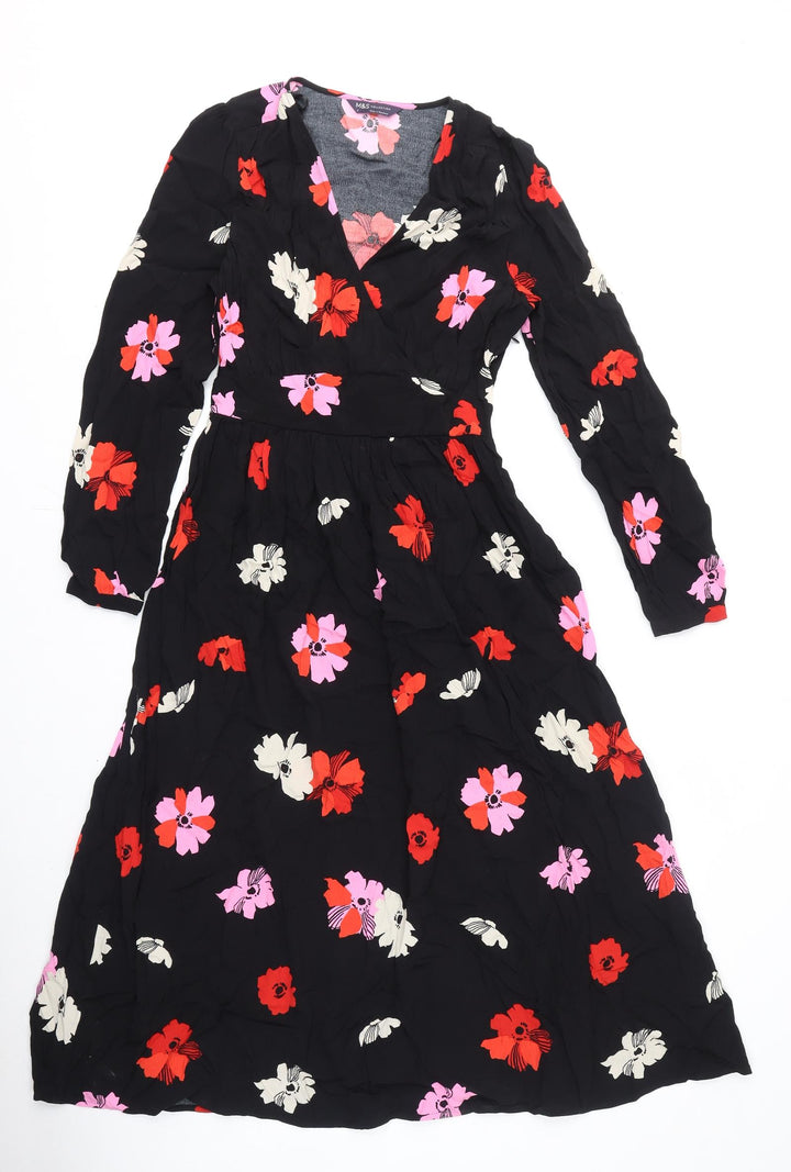 Marks and Spencer Womens Black Floral Viscose A-Line Size 6 V-Neck Zip