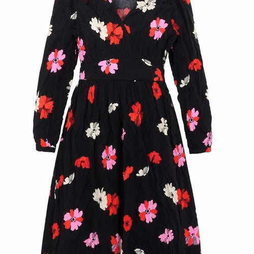 Marks and Spencer Womens Black Floral Viscose A-Line Size 6 V-Neck Zip