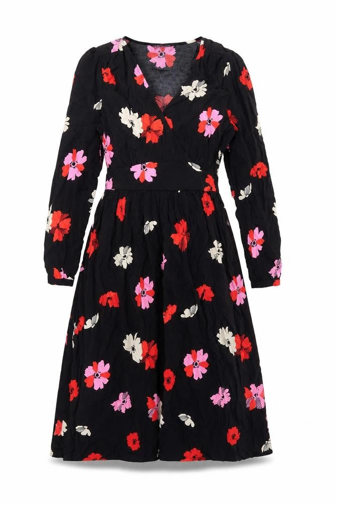 Marks and Spencer Womens Black Floral Viscose A-Line Size 6 V-Neck Zip