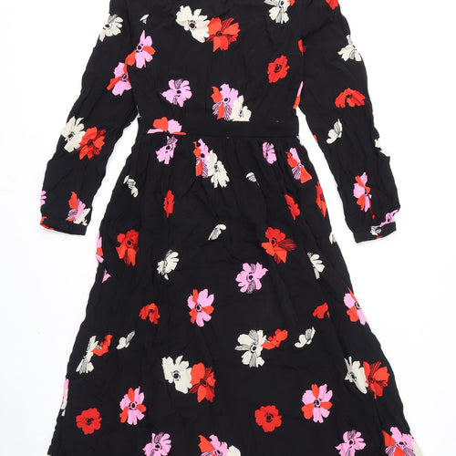 Marks and Spencer Womens Black Floral Viscose A-Line Size 6 V-Neck Zip