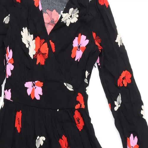 Marks and Spencer Womens Black Floral Viscose A-Line Size 6 V-Neck Zip