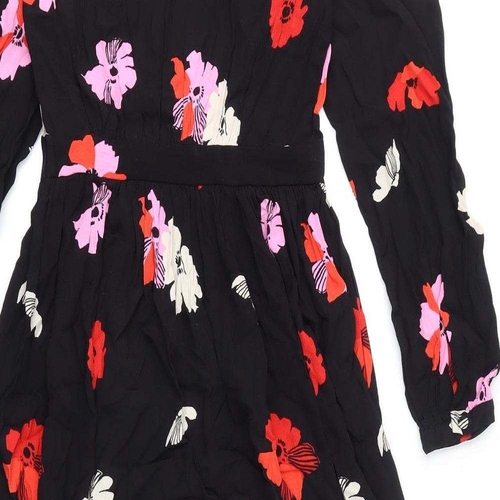 Marks and Spencer Womens Black Floral Viscose A-Line Size 6 V-Neck Zip