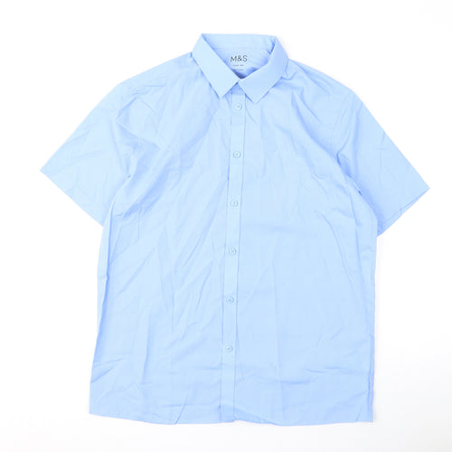 Marks and Spencer Mens Blue Polyester Button-Up Size 16 Collared Button