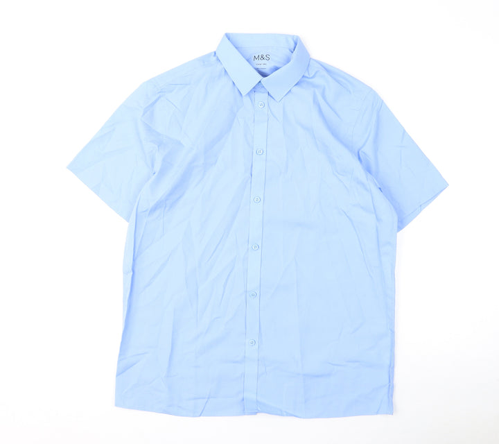 Marks and Spencer Mens Blue Polyester Button-Up Size 16 Collared Button