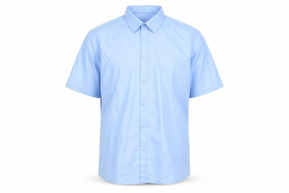 Front view of Marks & Spencer men’s blue polyester button-up, size 16, collared button