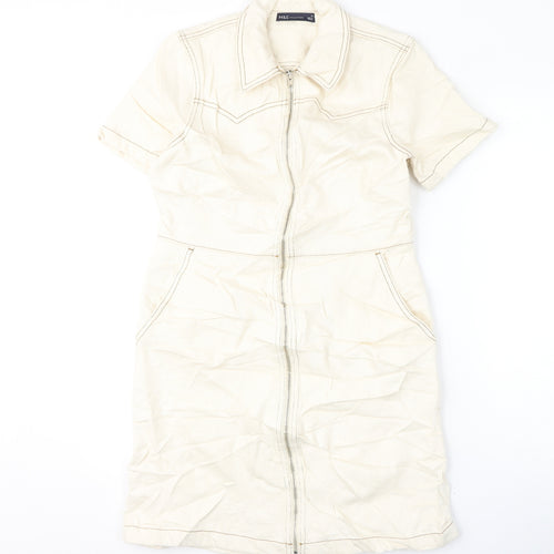 Marks and Spencer Womens Ivory 100% Cotton A-Line Size 10 Collared Zip