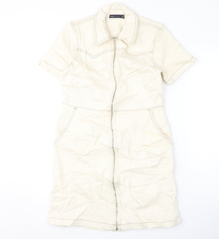 Marks and Spencer Womens Ivory 100% Cotton A-Line Size 10 Collared Zip