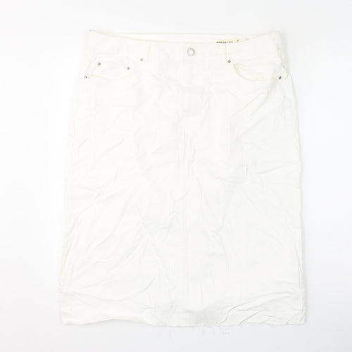 Marks and Spencer Womens White Cotton A-Line Skirt Size 18 Zip - Frayed Hem