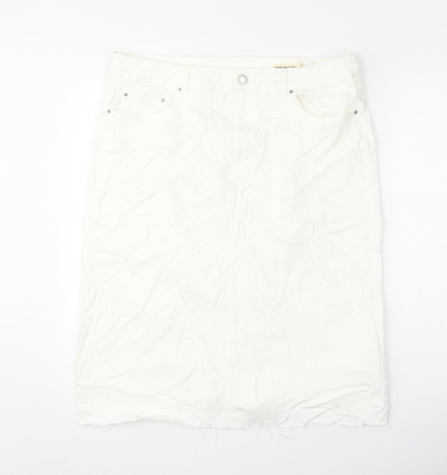 Marks and Spencer Womens White Cotton A-Line Skirt Size 18 Zip - Frayed Hem