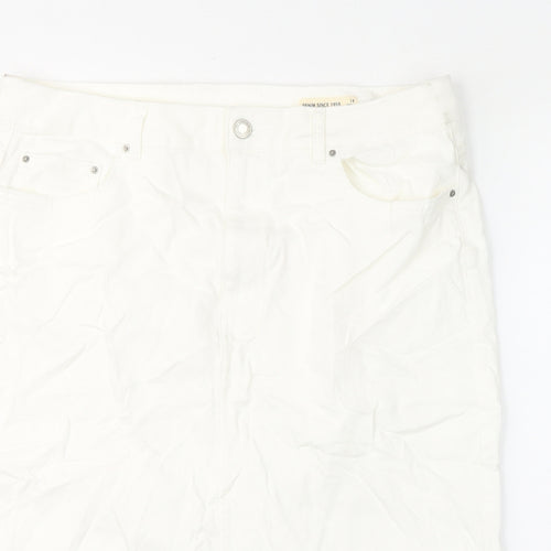 Marks and Spencer Womens White Cotton A-Line Skirt Size 18 Zip - Frayed Hem