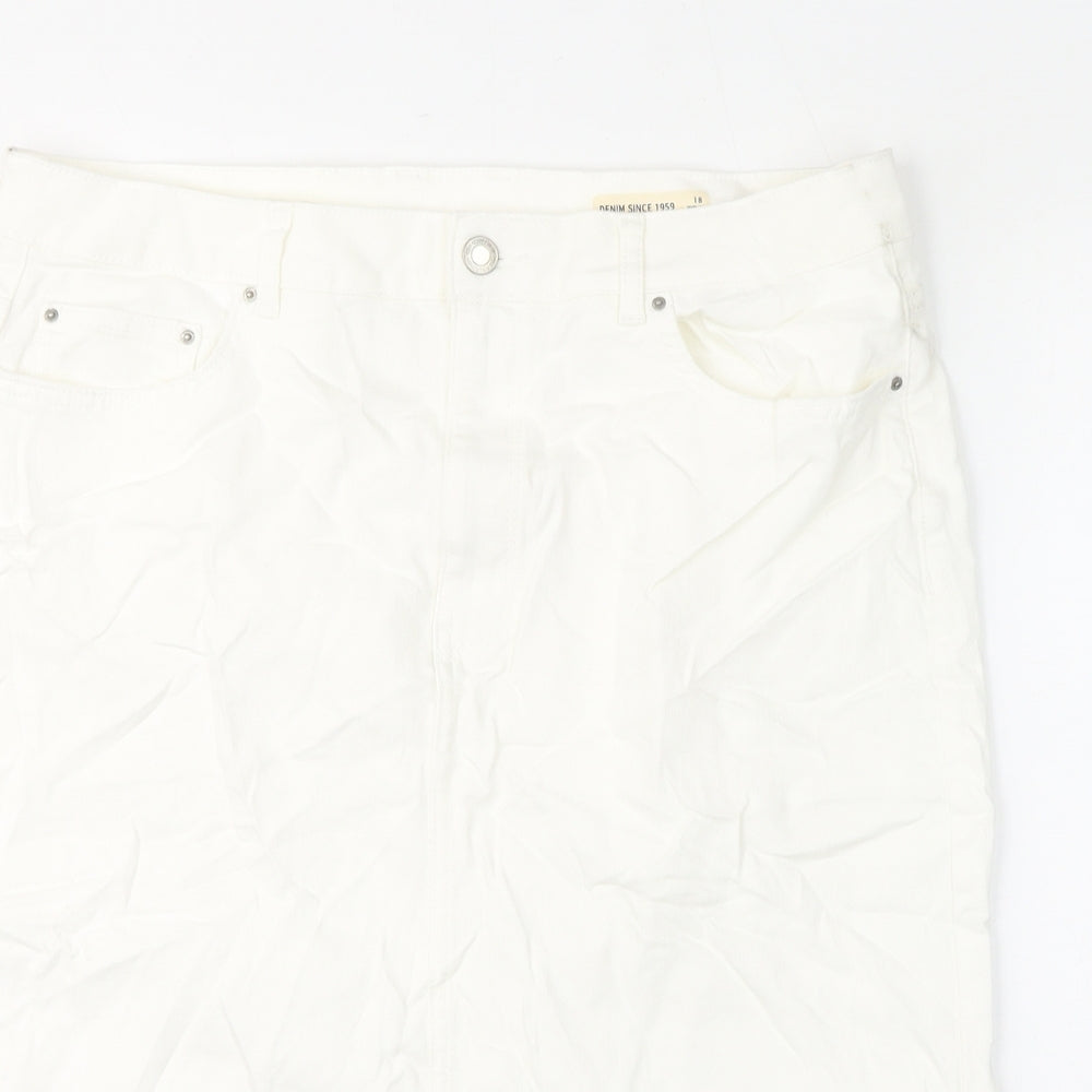 Marks and Spencer Womens White Cotton A-Line Skirt Size 18 Zip - Frayed Hem