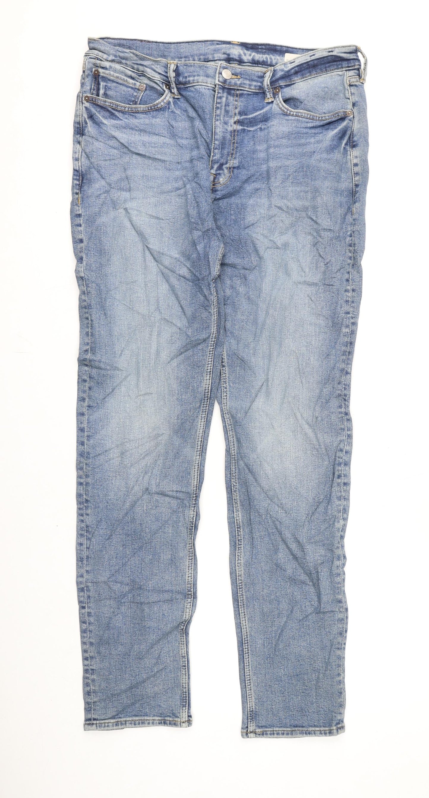 Marks and Spencer Mens Blue Cotton Straight Jeans Size 34 in L33 in Regular Zip