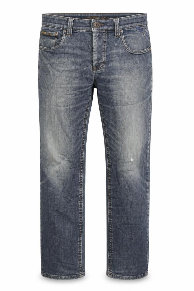 Front view of Camel Active men’s blue cotton straight jeans, size 36, in, 29-inch leg regular zip