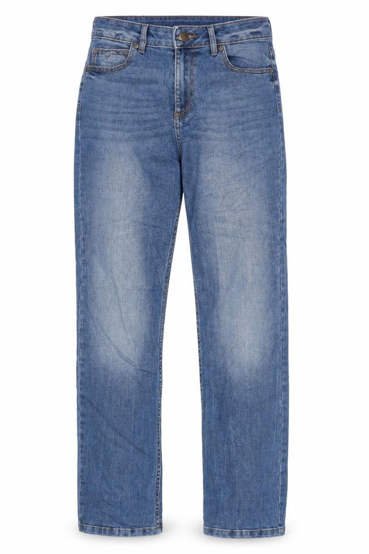 Front view of Indigo women’s blue cotton boyfriend jeans, size UK 8, 26-inch leg regular zip