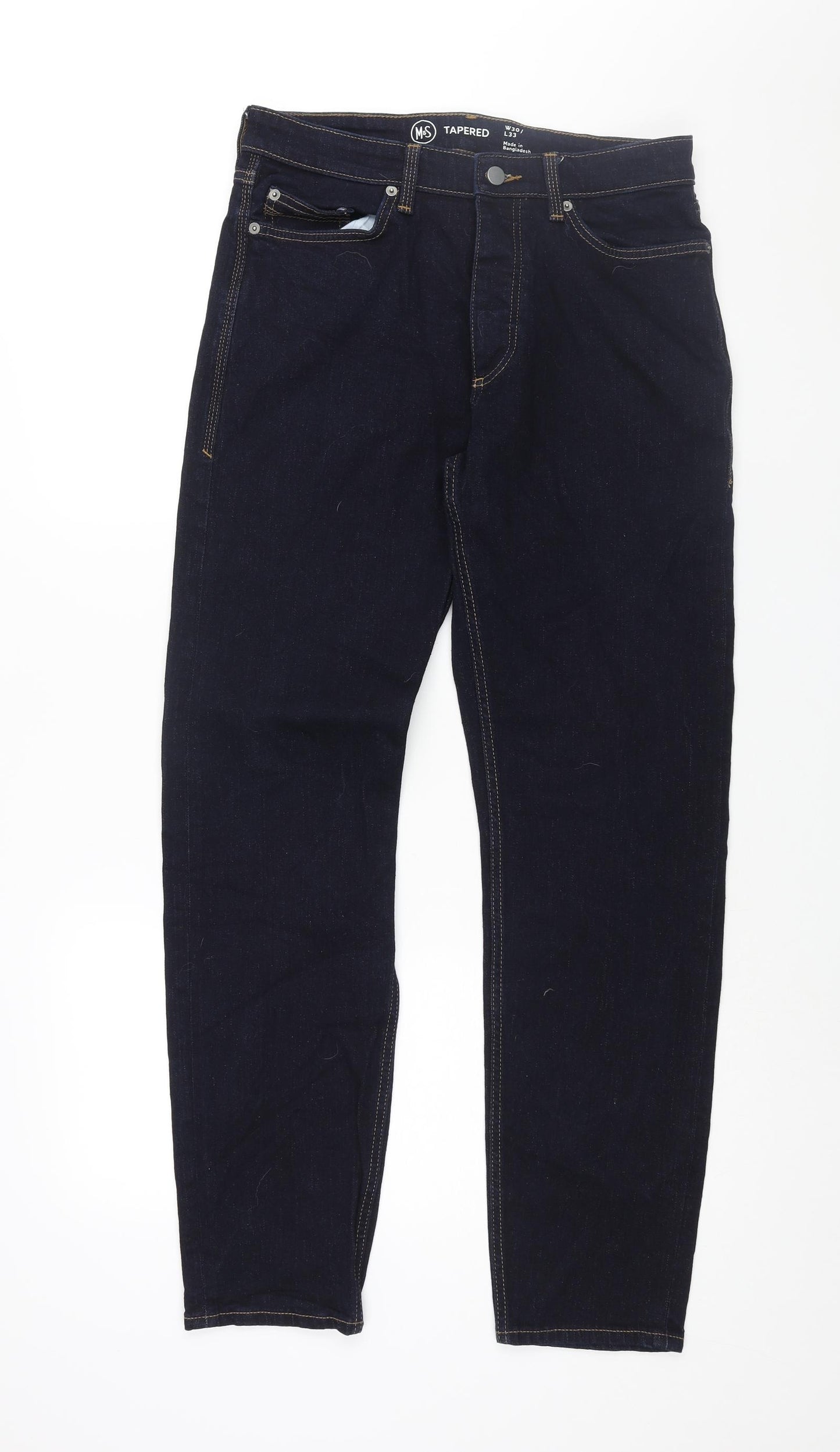 Marks and Spencer Mens Blue Cotton Tapered Jeans Size 30 in L33 in Regular Button