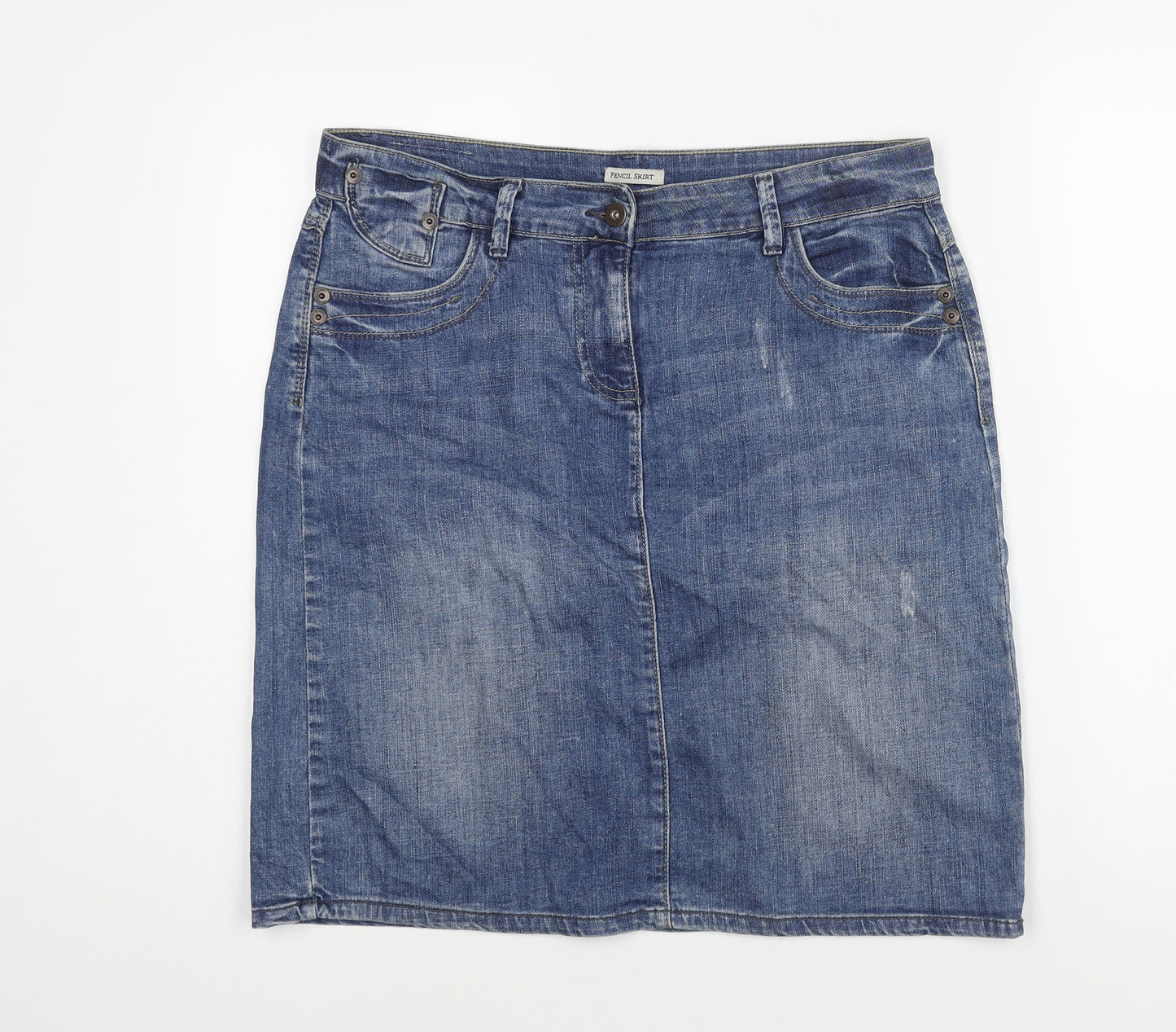 Marks and Spencer Womens Blue Cotton Straight & Pencil Skirt Size 14 Zip - Distressed