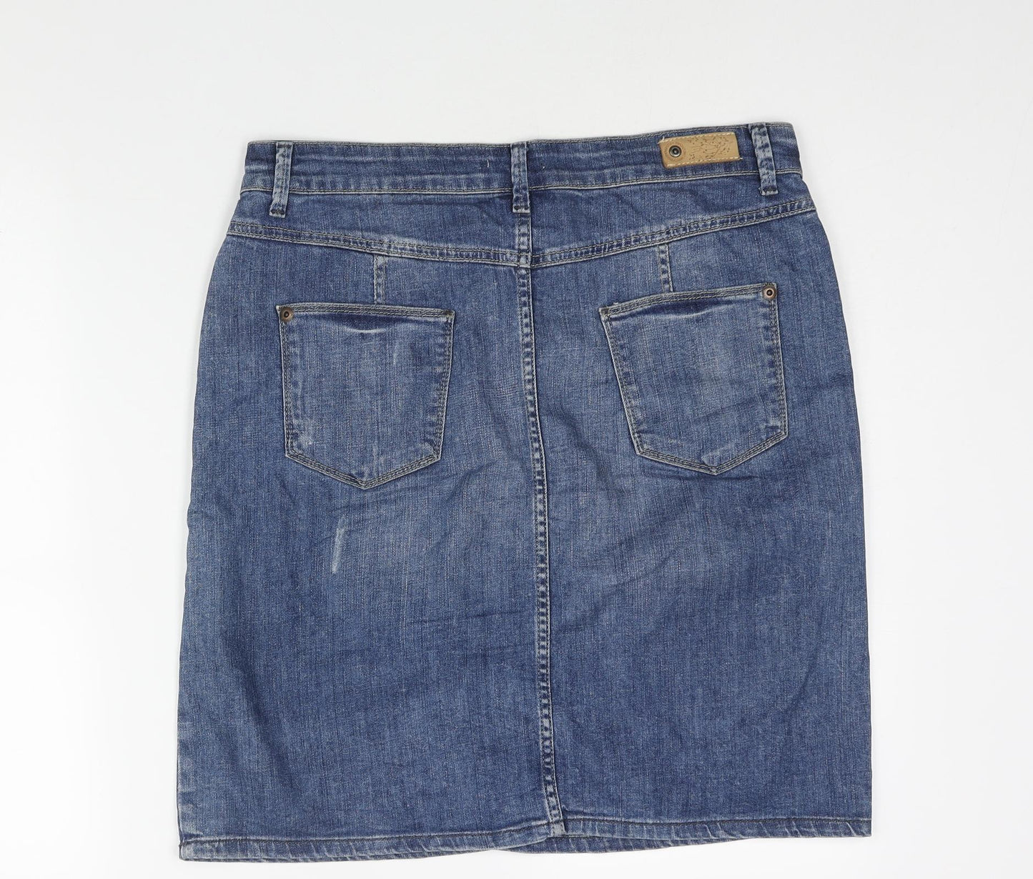 Marks and Spencer Womens Blue Cotton Straight & Pencil Skirt Size 14 Zip - Distressed