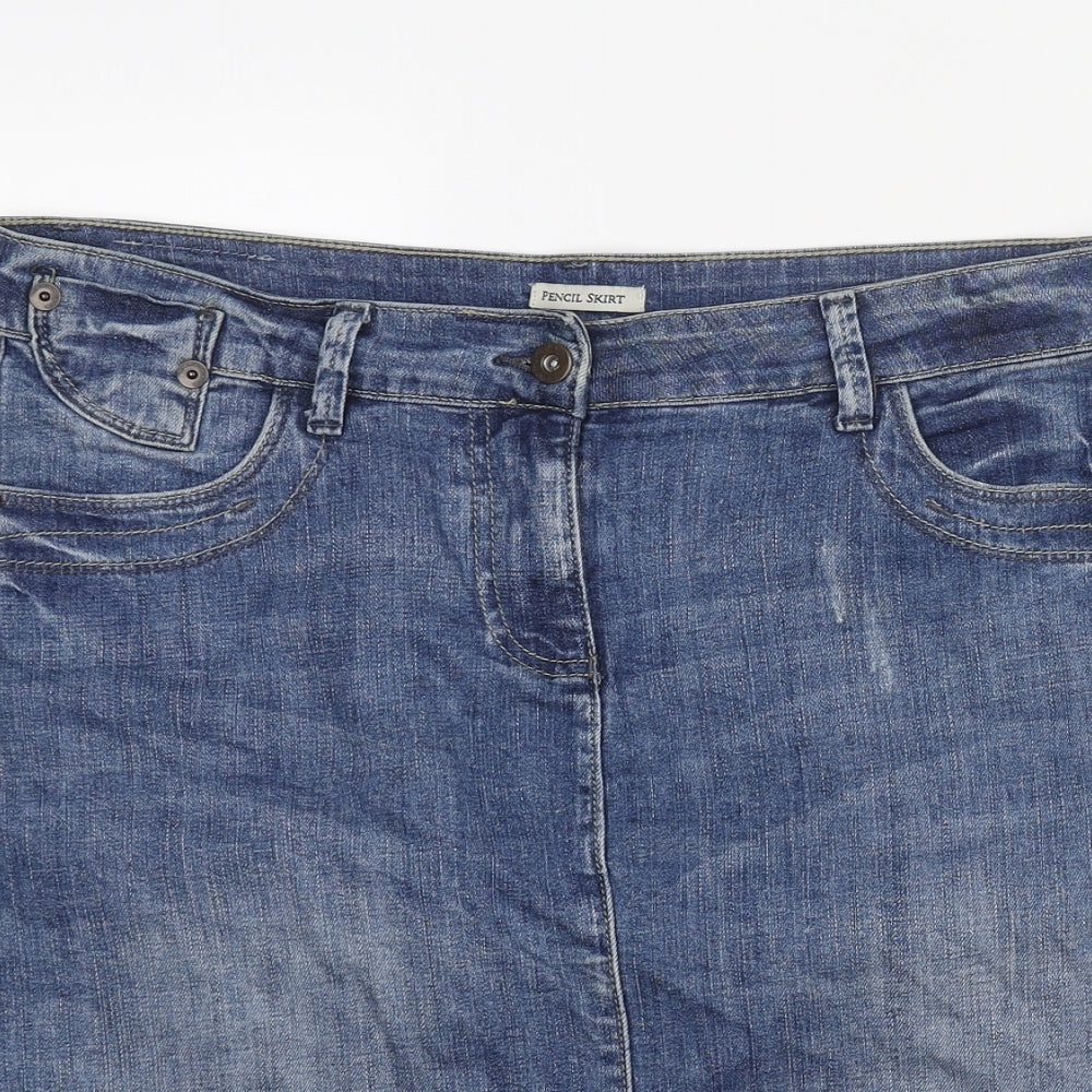 Marks and Spencer Womens Blue Cotton Straight & Pencil Skirt Size 14 Zip - Distressed