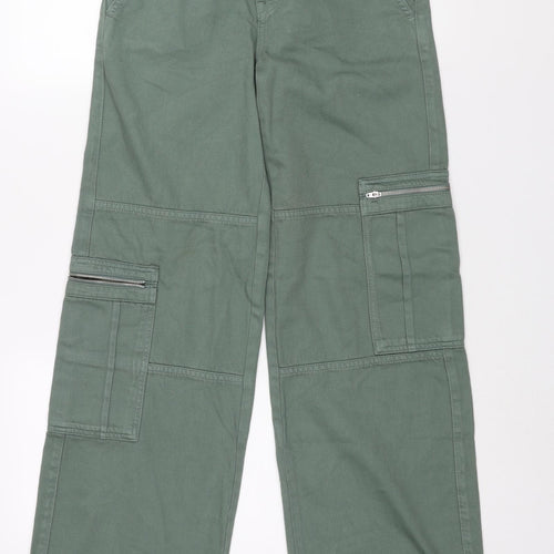 Pull&Bear Womens Green Cotton Wide-Leg Jeans Size 6 L32 in Regular Zip - Cargo Style