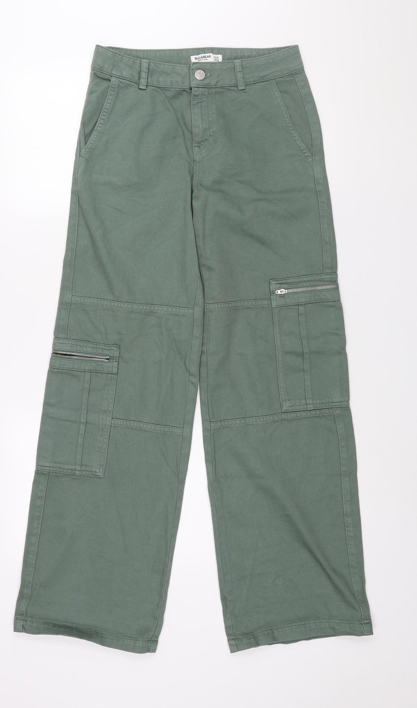 Pull&Bear Womens Green Cotton Wide-Leg Jeans Size 6 L32 in Regular Zip - Cargo Style