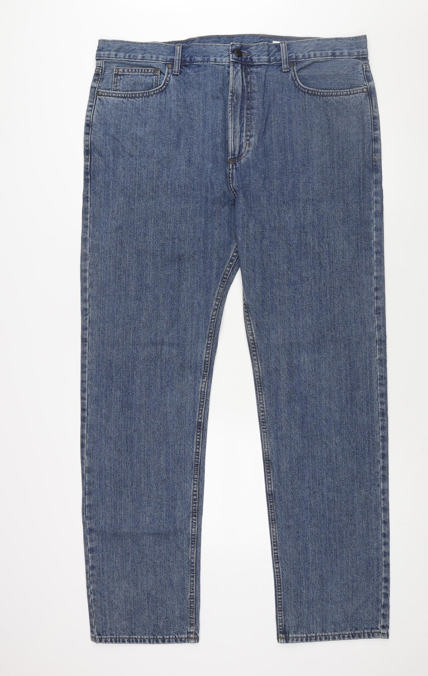 Marks and Spencer Mens Blue Cotton Straight Jeans Size 42 in L33 in Regular Zip