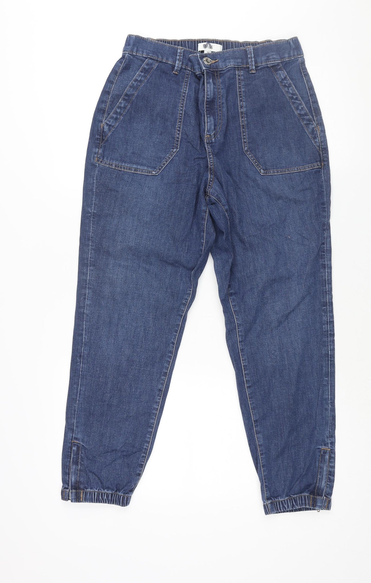 Marks and Spencer Womens Blue Cotton Tapered Jeans Size 12 L25 in Regular Zip