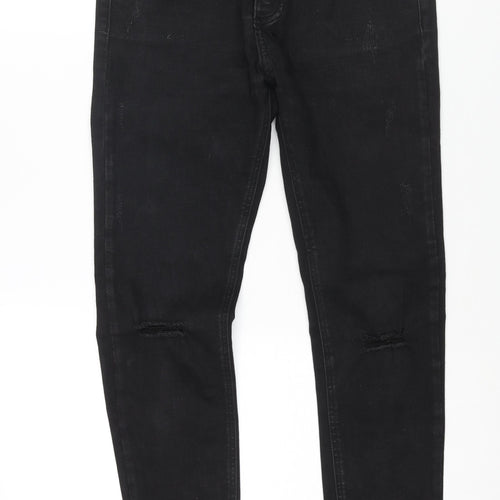 KWD Boys Black Cotton Skinny Jeans Size 13-14 Years L28 in Regular Zip - Distressed
