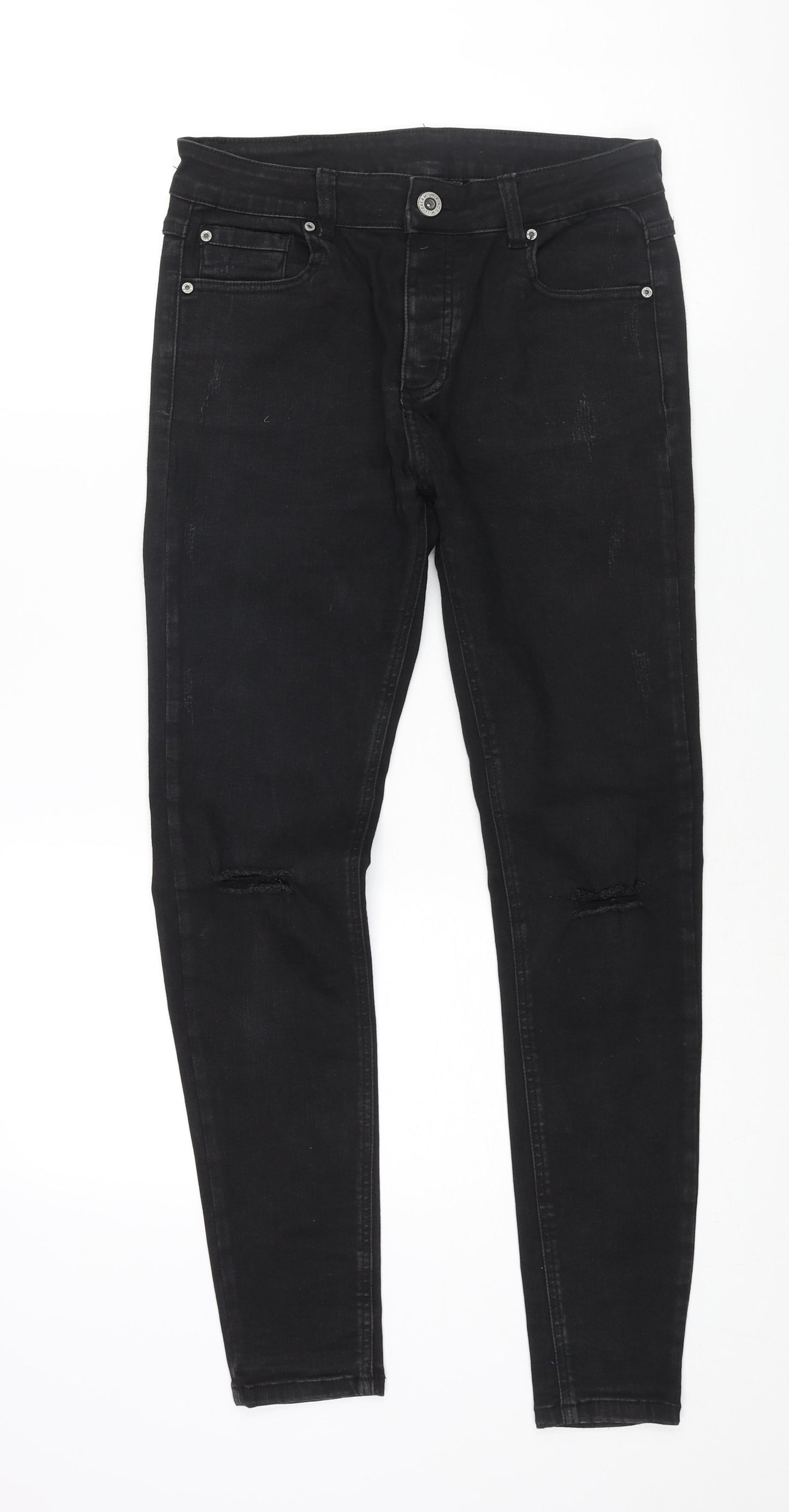 KWD Boys Black Cotton Skinny Jeans Size 13-14 Years L28 in Regular Zip - Distressed