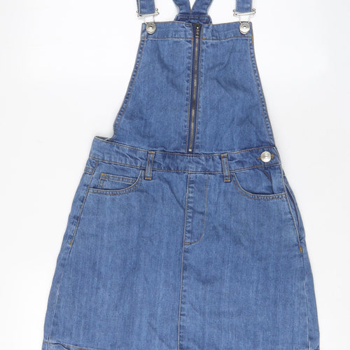 PARISIAN SIGNATURE Womens Blue Cotton Pinafore/Dungaree Dress Size 8 Square Neck Zip - Pockets