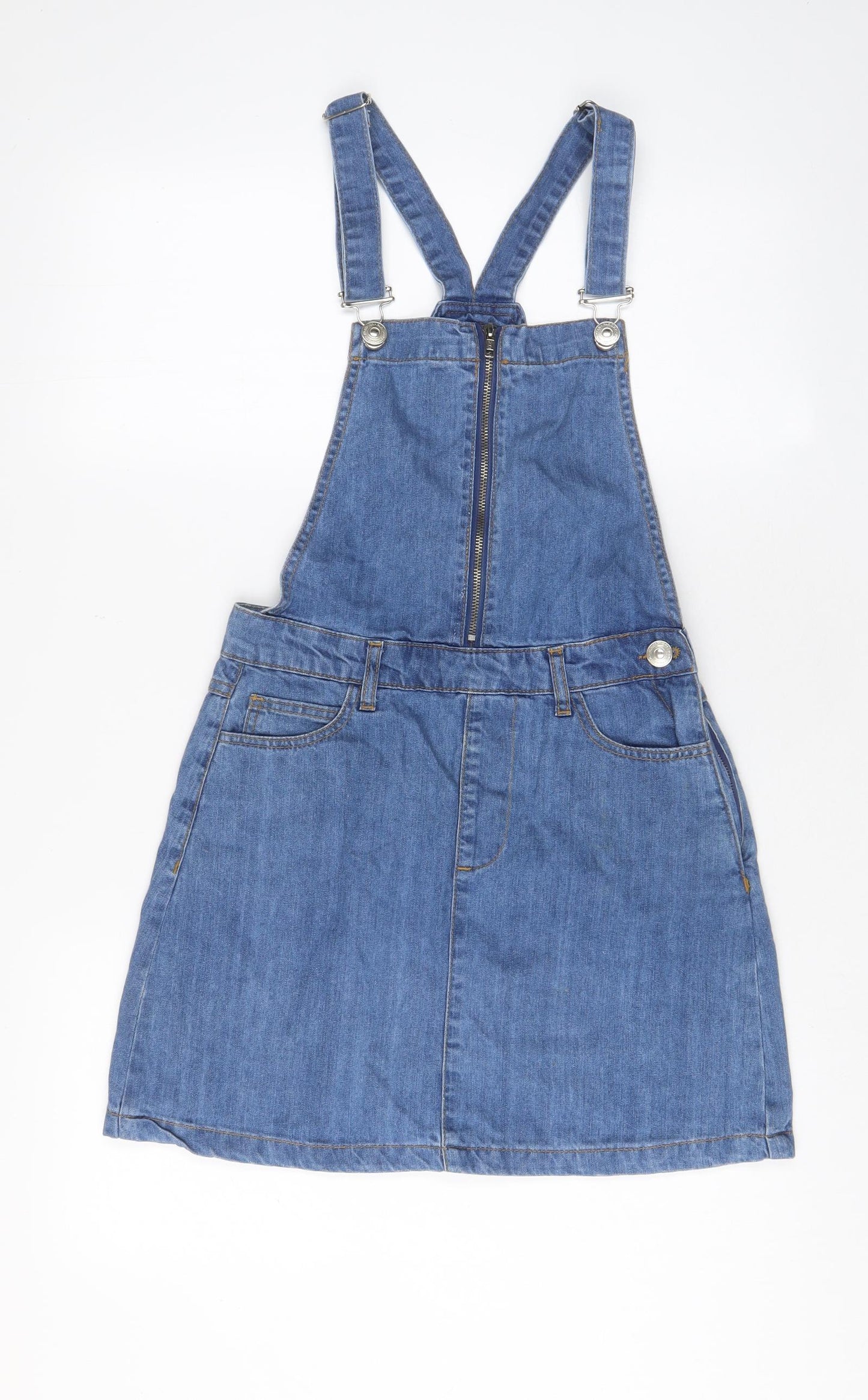 PARISIAN SIGNATURE Womens Blue Cotton Pinafore/Dungaree Dress Size 8 Square Neck Zip - Pockets