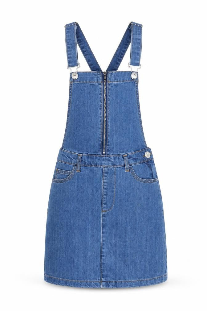 PARISIAN SIGNATURE Womens Blue Cotton Pinafore/Dungaree Dress Size 8 Square Neck Zip - Pockets