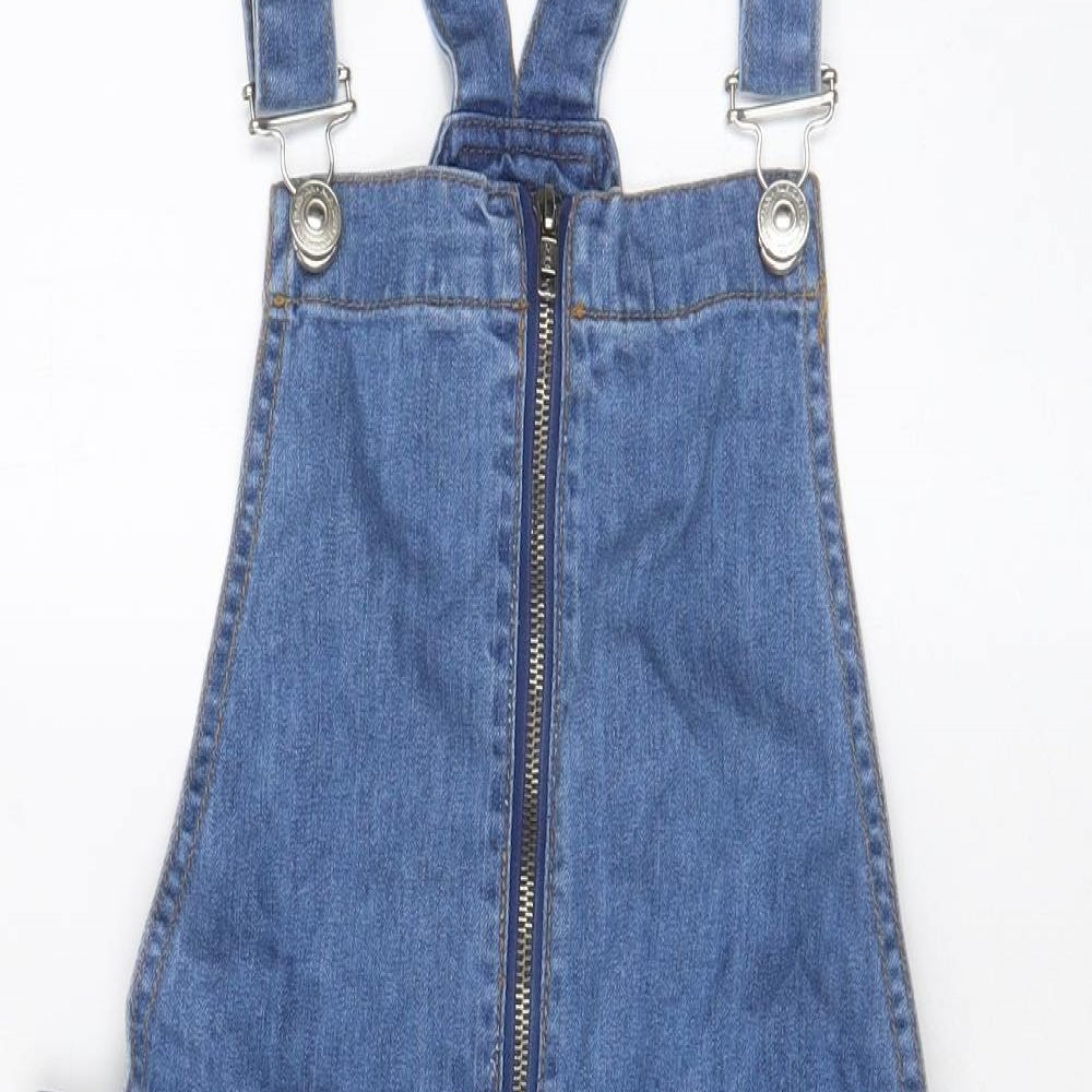 PARISIAN SIGNATURE Womens Blue Cotton Pinafore/Dungaree Dress Size 8 Square Neck Zip - Pockets