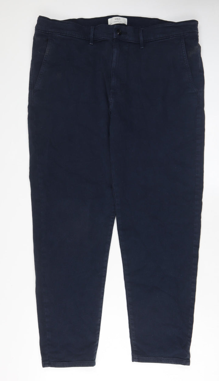 Marks and Spencer Womens Blue Cotton Tapered Jeans Size 40 in L31 in Regular Zip - Pockets