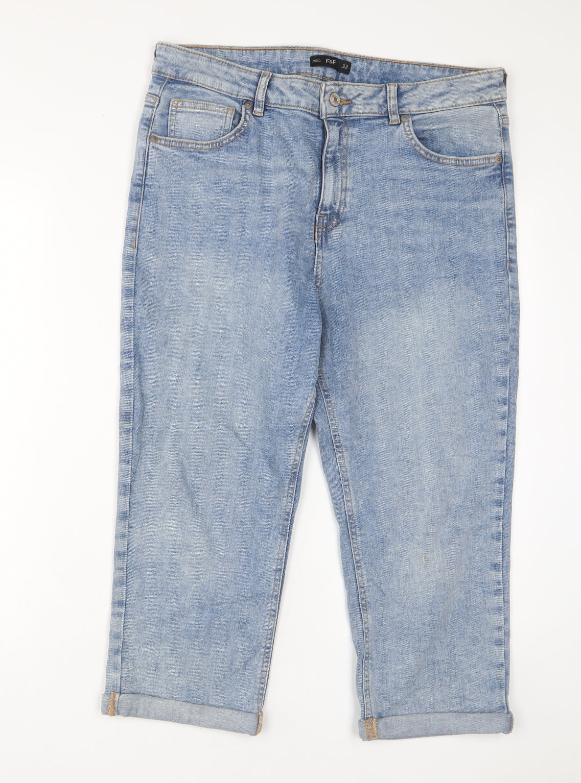 F&F Womens Blue Cotton Cropped Jeans Size 16 L21 in Regular Zip - Pockets