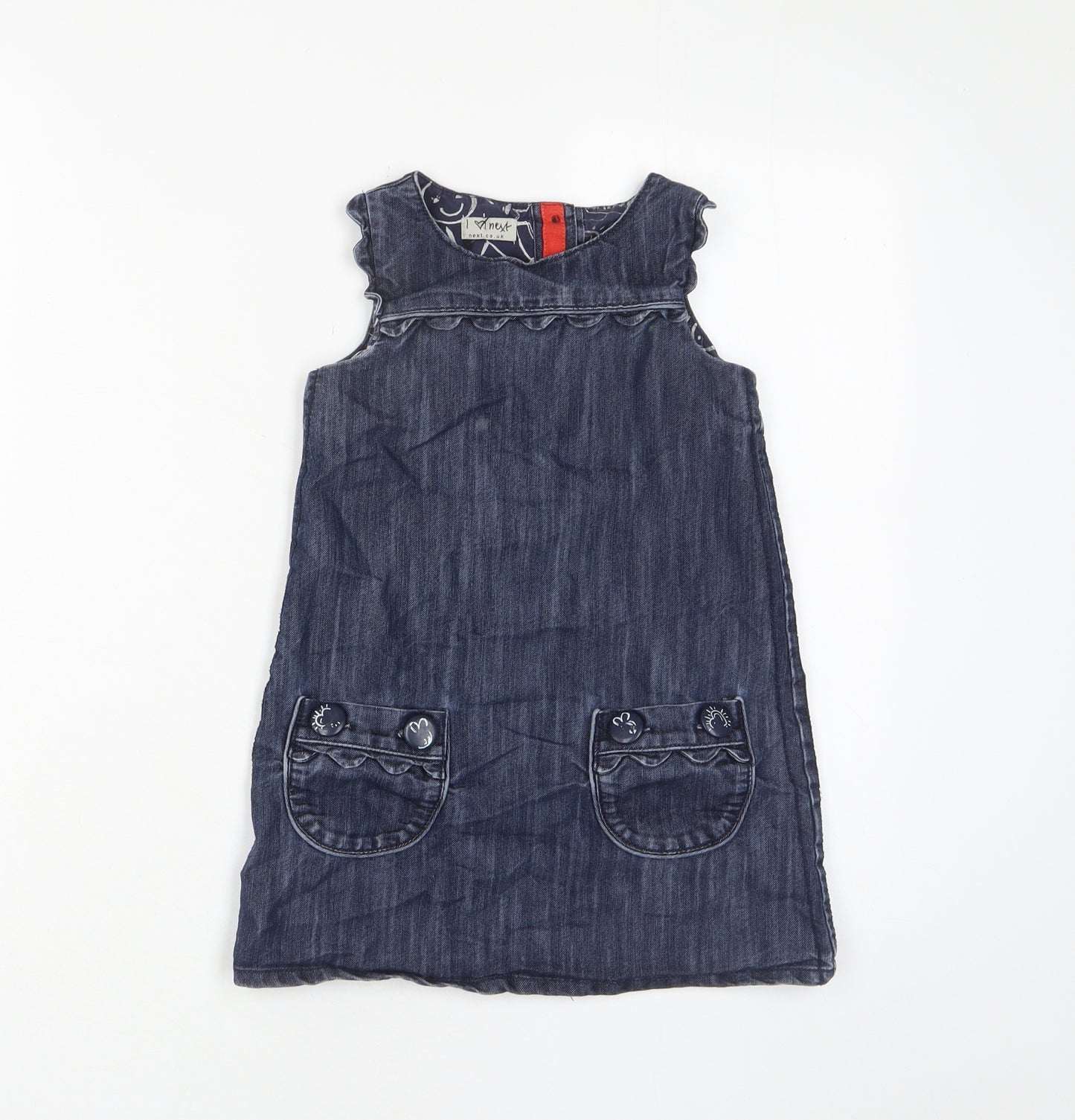 NEXT Girls Blue Cotton A-Line Size 3-4 Years Crew Neck Button - Pockets, Buttons