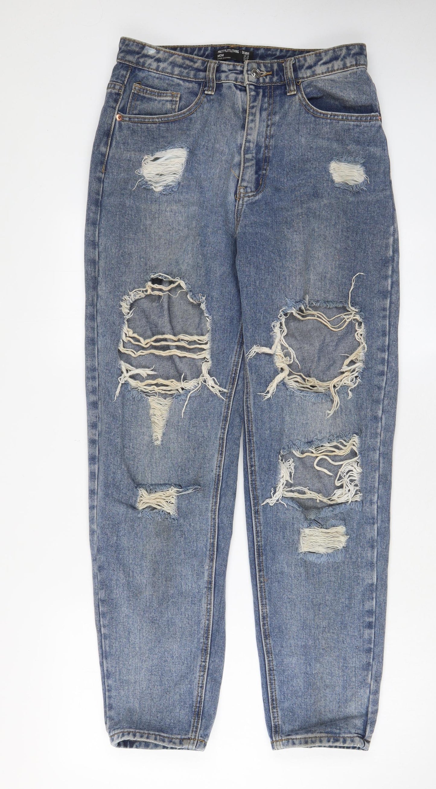PRETTYLITTLETHING Womens Blue Cotton Mom Jeans Size 12 L30 in Regular Zip - Pockets