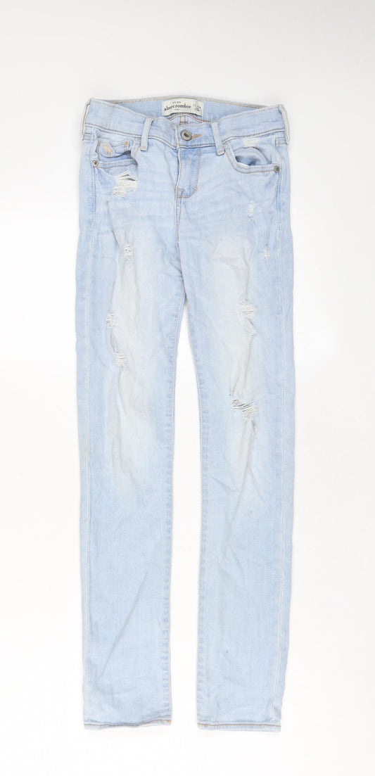 Abercrombie & Fitch Girls Blue Cotton Straight Jeans Size 12 Years L27 in Slim Zip - Distressed, Pockets