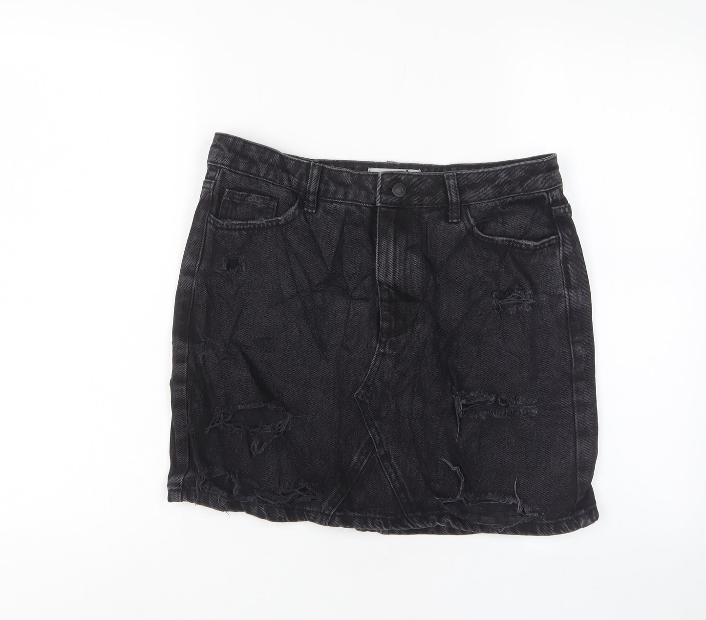 New Look Womens Black Cotton A-Line Skirt Size 12 Zip - Distressed, Pockets