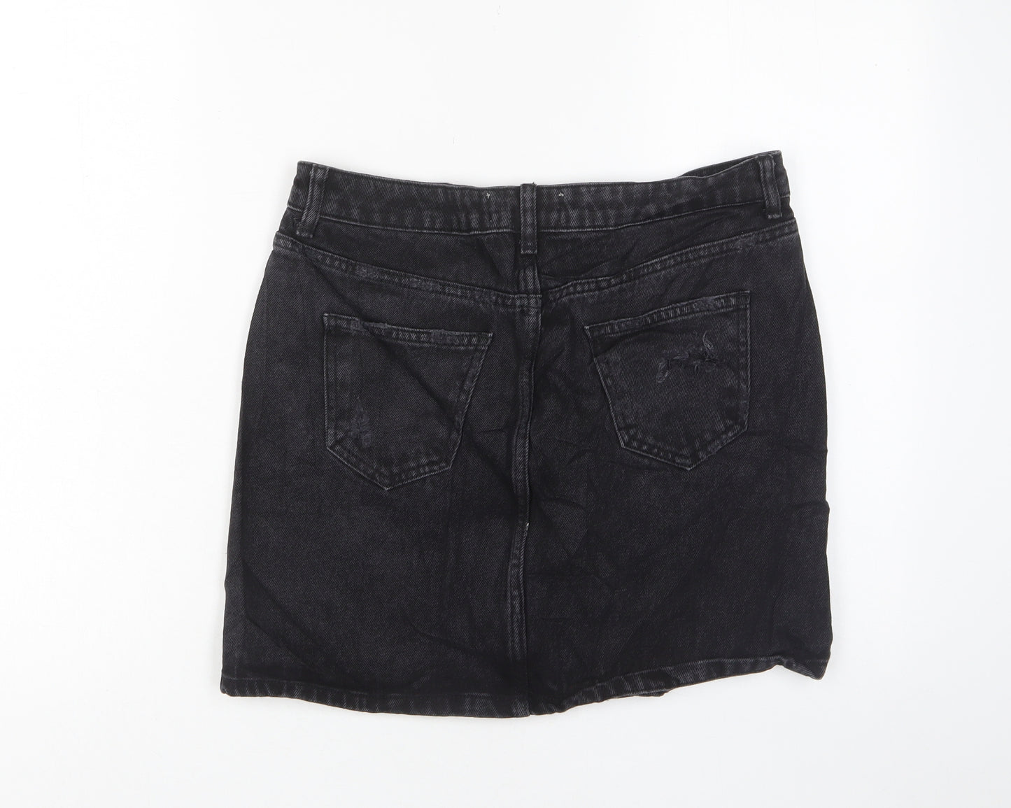 New Look Womens Black Cotton A-Line Skirt Size 12 Zip - Distressed, Pockets