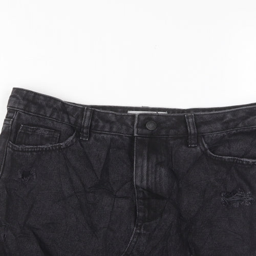 New Look Womens Black Cotton A-Line Skirt Size 12 Zip - Distressed, Pockets