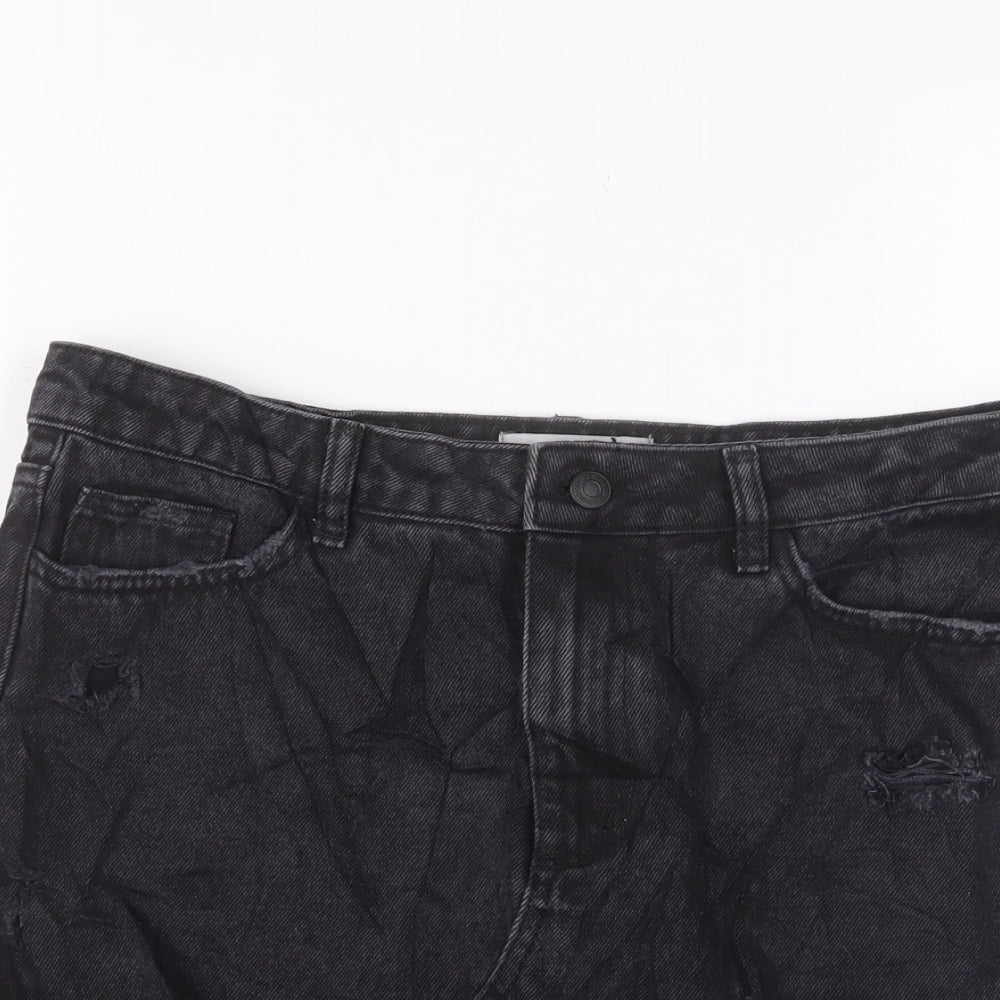 New Look Womens Black Cotton A-Line Skirt Size 12 Zip - Distressed, Pockets