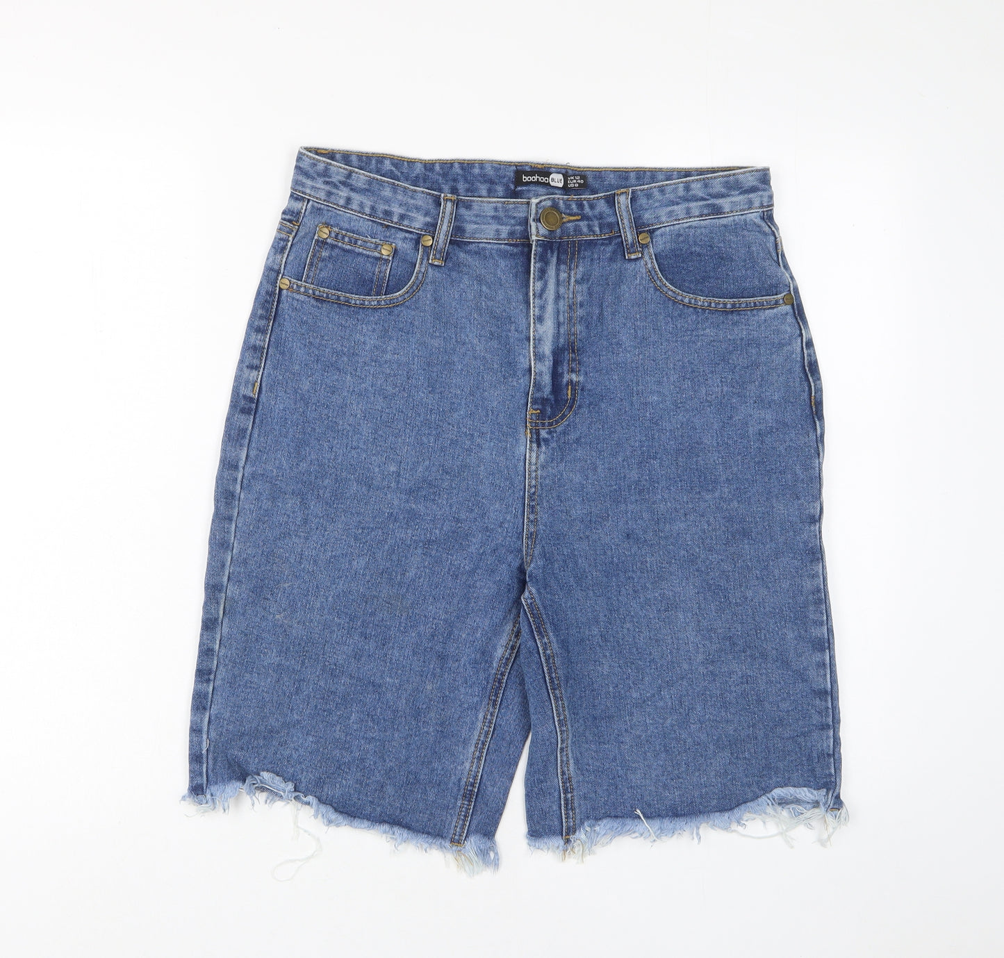 Boohoo Womens Blue Cotton Bermuda Shorts Size 12 L8 in Regular Zip - Pockets