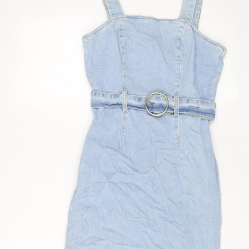 Denim & Co. Womens Blue Cotton Pinafore/Dungaree Dress Size 10 Square Neck Zip - Belted