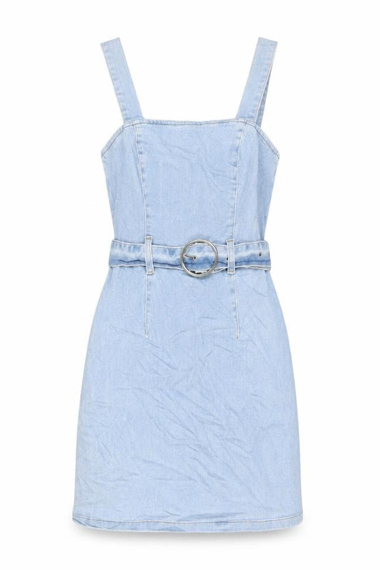 Front view of Denim & Co. women’s blue cotton pinafore/dungaree dress, size UK 10, square neck zip - belted