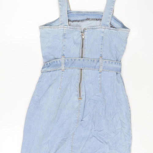 Denim & Co. Womens Blue Cotton Pinafore/Dungaree Dress Size 10 Square Neck Zip - Belted