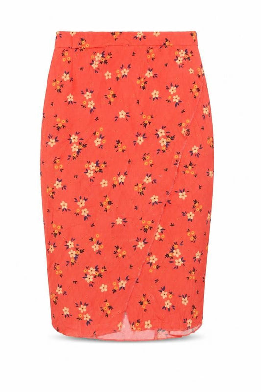 Front view of PRETTYLITTLETHING women’s red floral polyester wrap skirt, size UK 10, zip