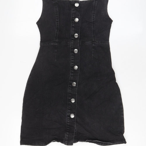 Denim & Co. Womens Grey Cotton Pinafore/Dungaree Dress Size 6 Square Neck Button